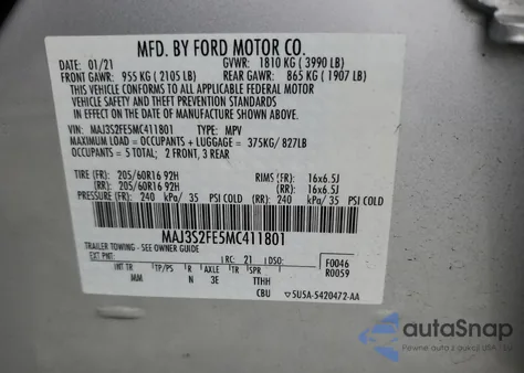 2021 Ford Ecosport S z USA, uszkodzony, nr VIN MAJ3S2FE5MC411801